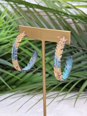 Textured Gold & Turquoise Hoop Earrings | Boho Feather Detail